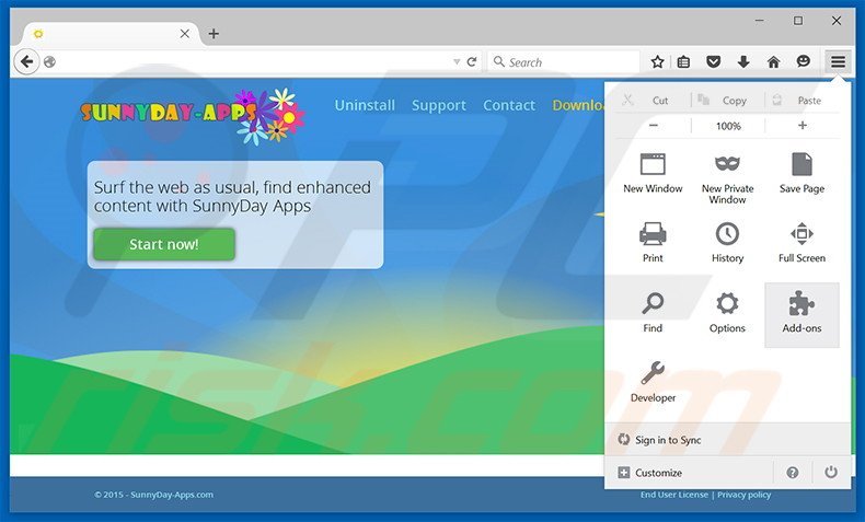 Removing SunnyDay-Apps ads from Mozilla Firefox step 1