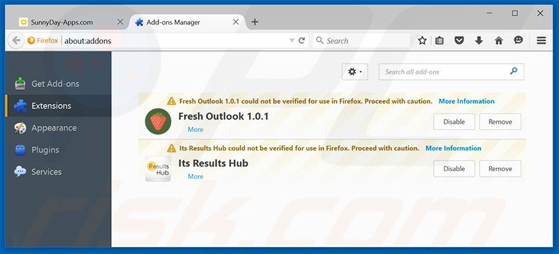Removing SunnyDay-Apps ads from Mozilla Firefox step 2