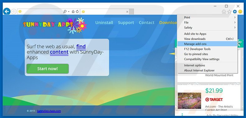 Removing SunnyDay-Apps ads from Internet Explorer step 1