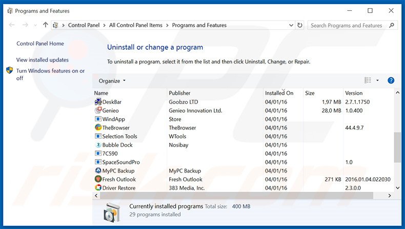 SunnyDay-Apps adware uninstall via Control Panel