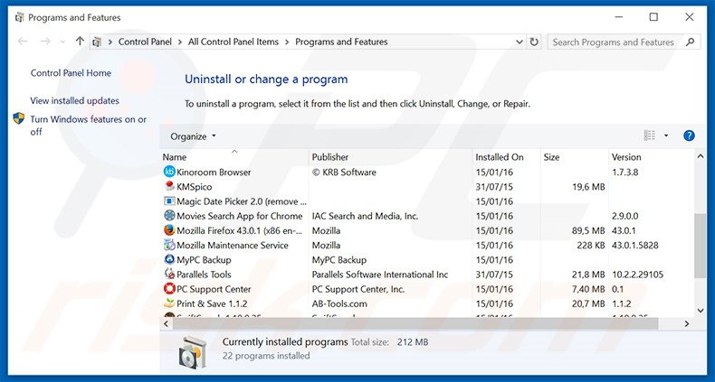 Taboola adware uninstall via Control Panel