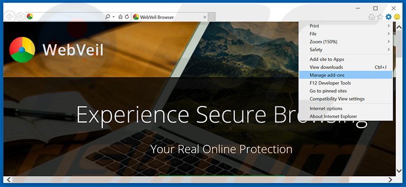 Removing WebVeil ads from Internet Explorer step 1