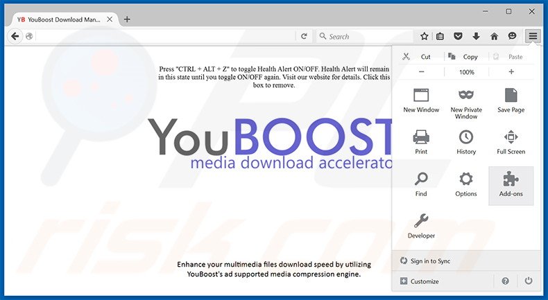 Removing YouBoost ads from Mozilla Firefox step 1