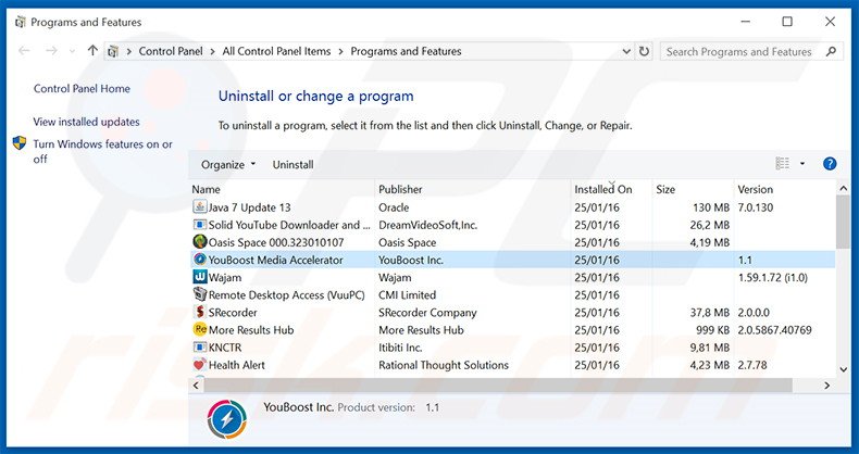 YouBoost adware uninstall via Control Panel