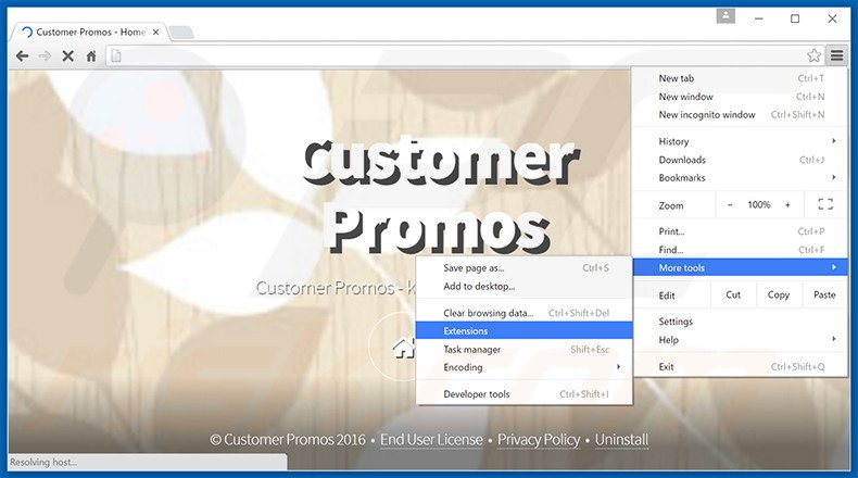 Removing Customer Promos  ads from Google Chrome step 1