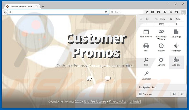 Removing Customer Promos ads from Mozilla Firefox step 1