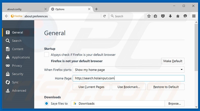 Removing search.holainput.com from Mozilla Firefox homepage
