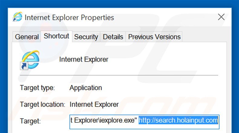 Removing search.holainput.com from Internet Explorer shortcut target step 2