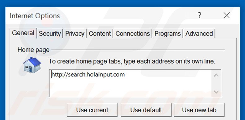 Removing search.holainput.com from Internet Explorer homepage