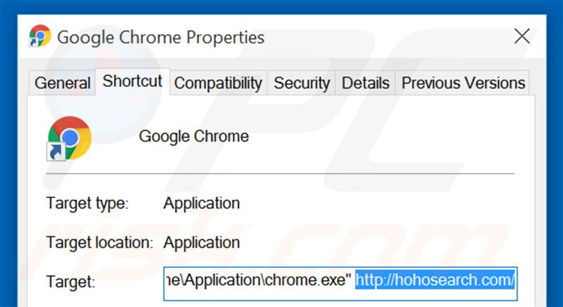 Removing hohosearch.com from Google Chrome shortcut target step 2