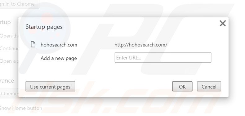 Removing hohosearch.com from Google Chrome homepage