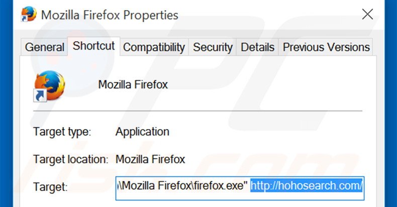 Removing hohosearch.com from Mozilla Firefox shortcut target step 2