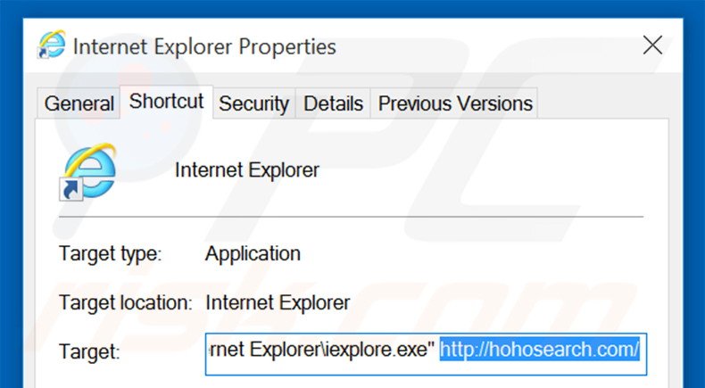 Removing hohosearch.com from Internet Explorer shortcut target step 2
