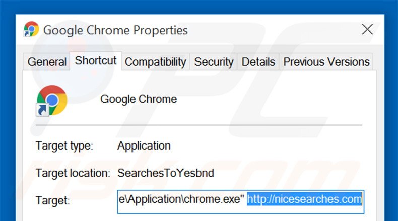 Removing nicesearches.com from Google Chrome shortcut target step 2