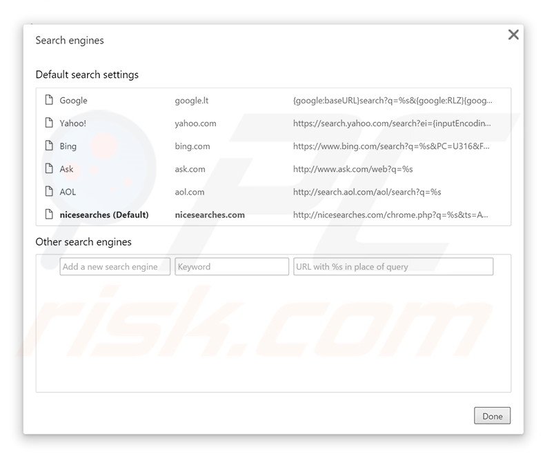 Removing nicesearches.com from Google Chrome default search engine