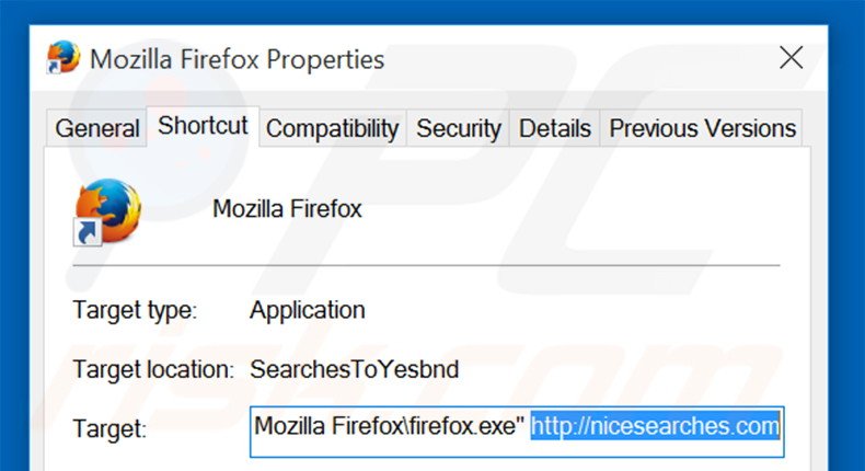 Removing nicesearches.com from Mozilla Firefox shortcut target step 2