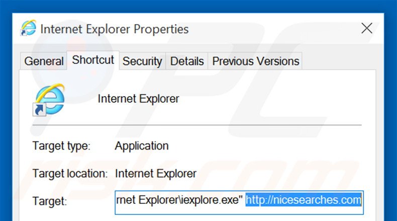 Removing nicesearches.com from Internet Explorer shortcut target step 2