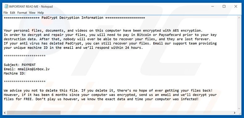 PadCrypt txt file with payment instructions