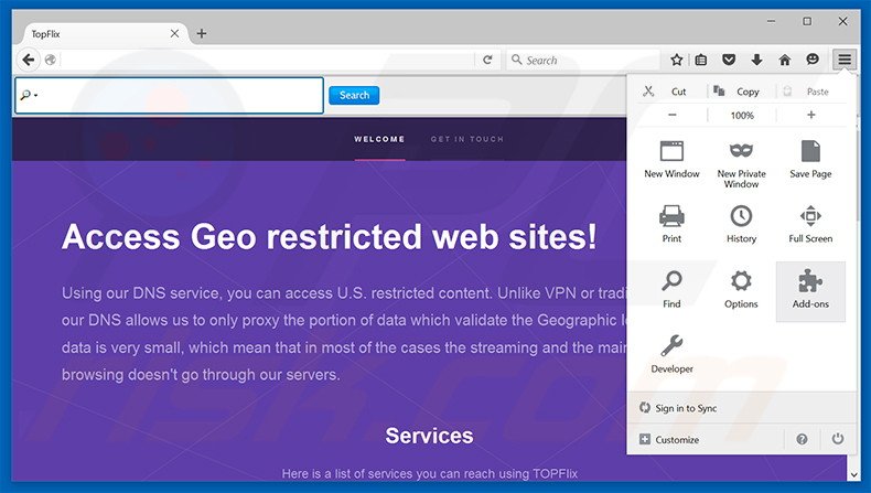 Removing TopFlix ads from Mozilla Firefox step 1