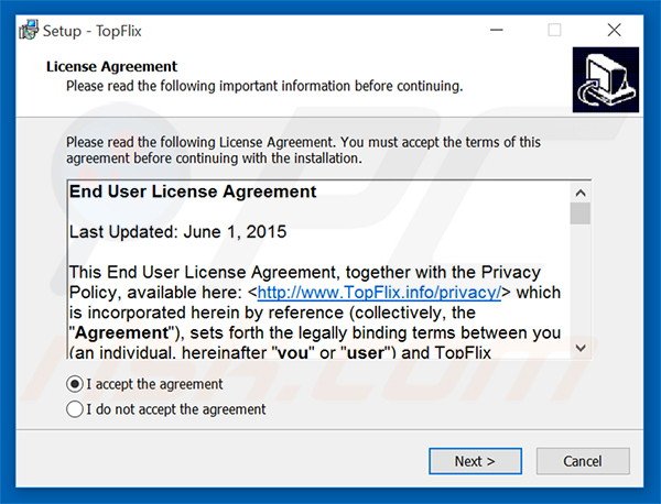 Official TopFlix adware installation setup