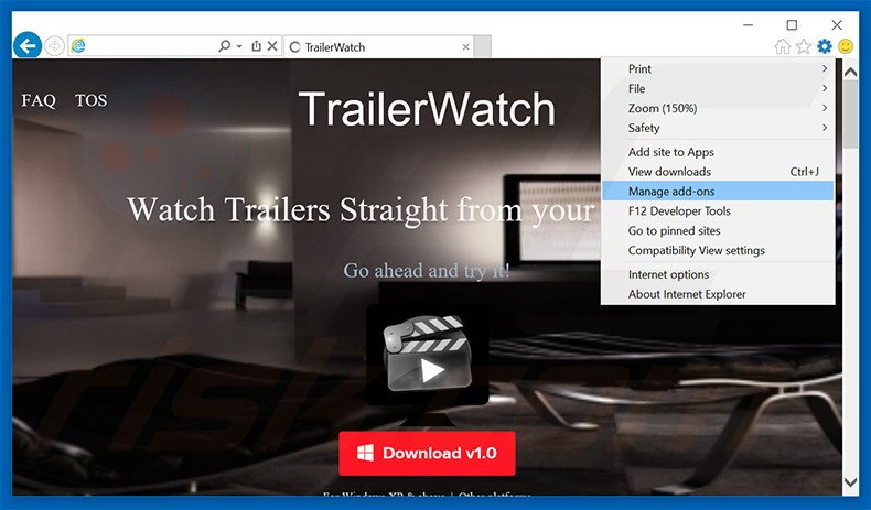 Removing TrailerWatch ads from Internet Explorer step 1