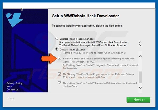 TrailerWatch adware promoting installer setup