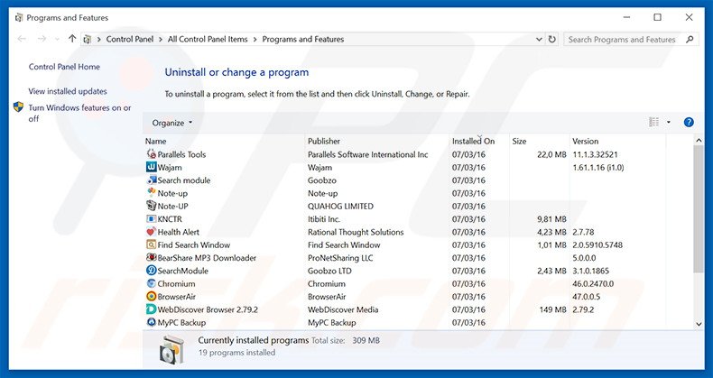 TrailerWatch adware uninstall via Control Panel