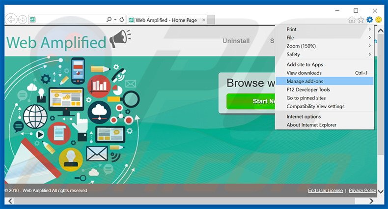 Removing Web Amplified ads from Internet Explorer step 1