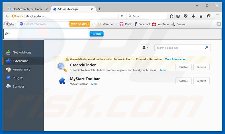Removing ClearScreen Player ads from Mozilla Firefox step 2