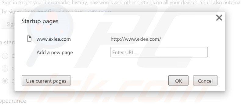 Removing exlee.com from Google Chrome homepage