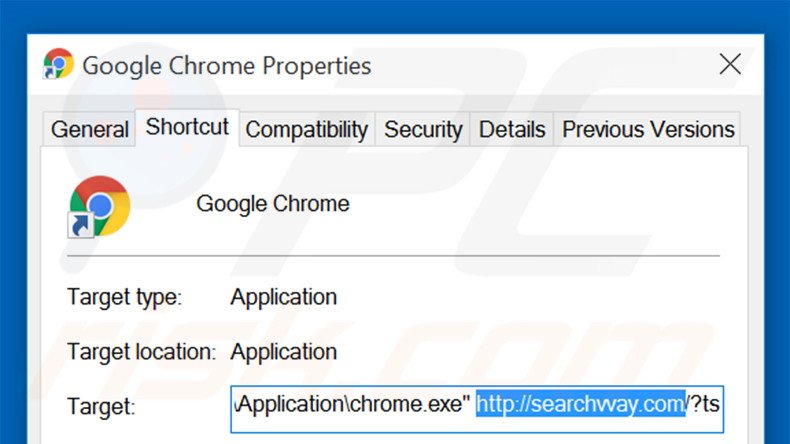 Removing searchvvay.com from Google Chrome shortcut target step 2