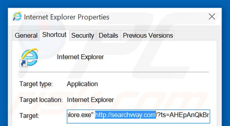 Removing searchvvay.com from Internet Explorer shortcut target step 2