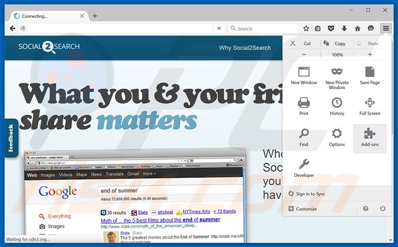 Removing Social2Search ads from Mozilla Firefox step 1