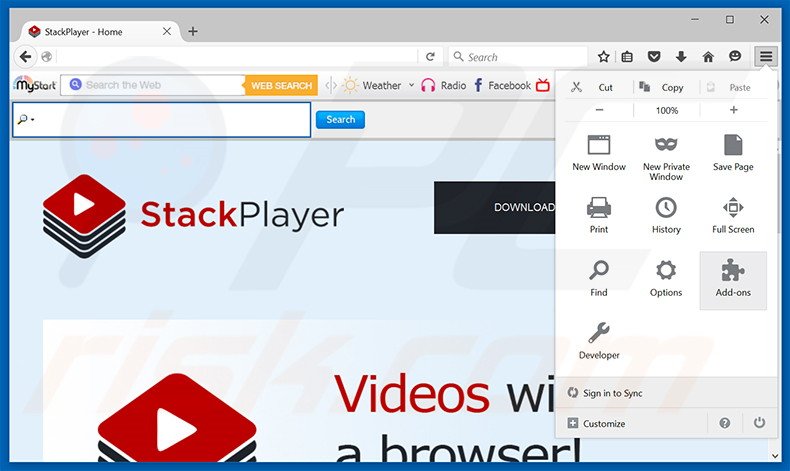 Removing Stack Player ads from Mozilla Firefox step 1