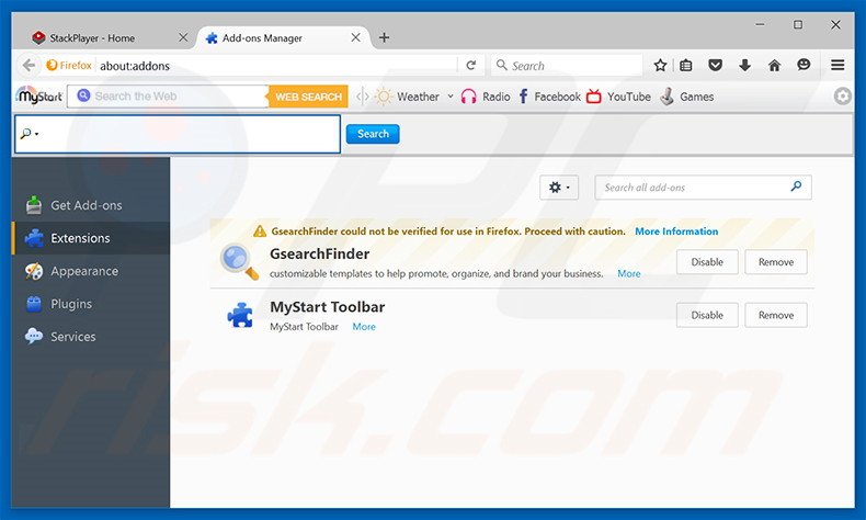 Removing Stack Player ads from Mozilla Firefox step 2