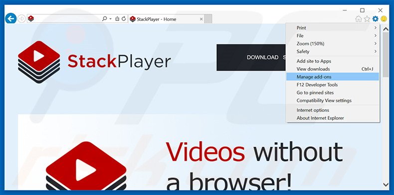 Removing Stack Player ads from Internet Explorer step 1