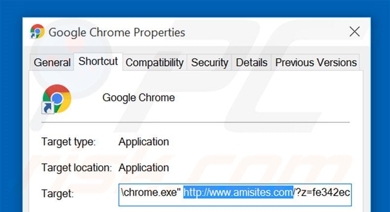 Removing amisites.com from Google Chrome shortcut target step 2
