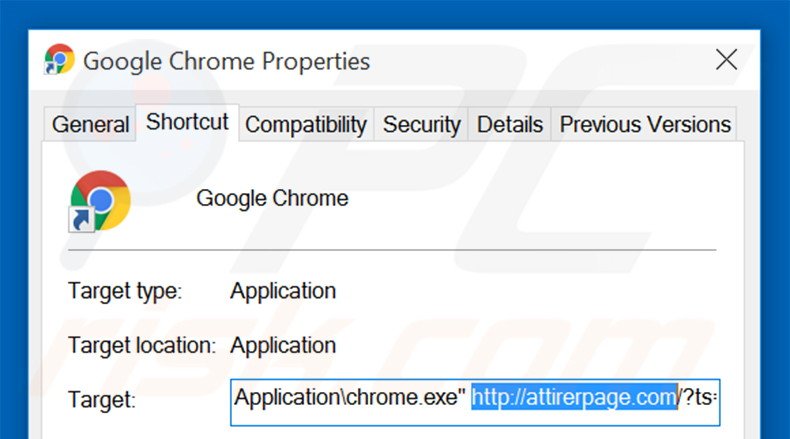 Removing attirerpage.com from Google Chrome shortcut target step 2