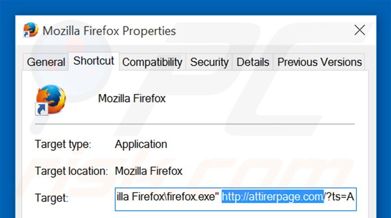 Removing attirerpage.com from Mozilla Firefox shortcut target step 2