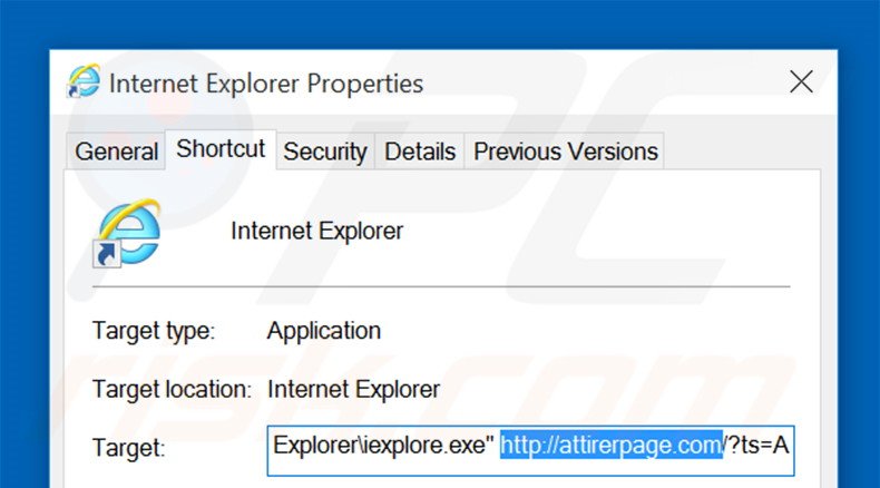 Removing attirerpage.com from Internet Explorer shortcut target step 2