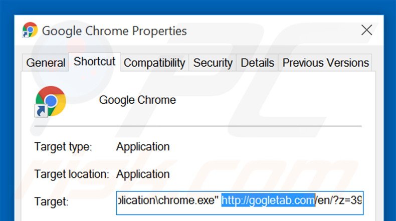 Removing gogletab.com from Google Chrome shortcut target step 2