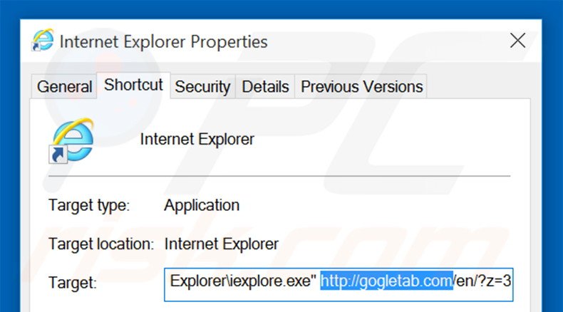 Removing gogletab.com from Internet Explorer shortcut target step 2