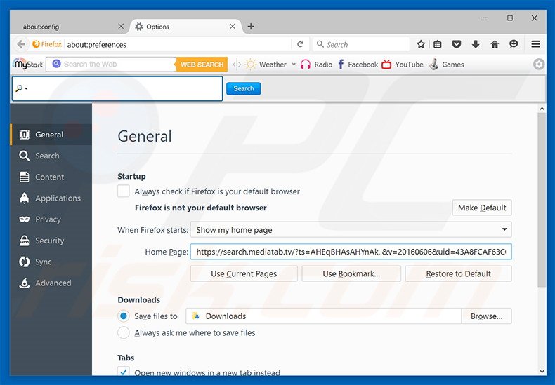 Removing search.mediatab.tv from Mozilla Firefox homepage