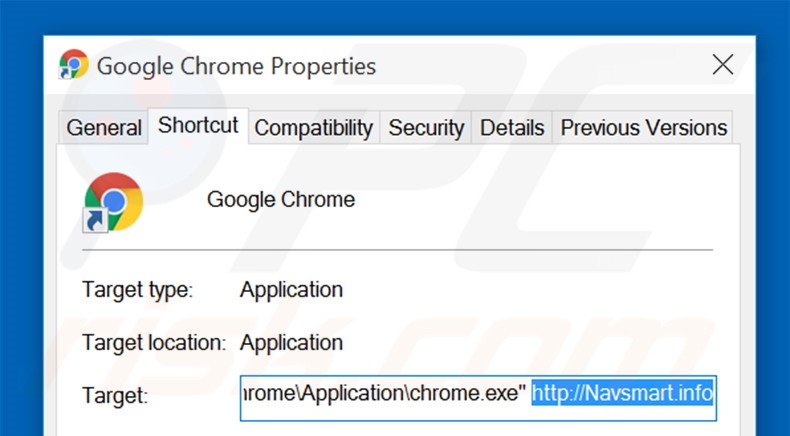 Removing navsmart.info from Google Chrome shortcut target step 2
