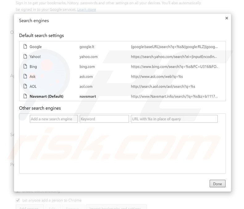 Removing navsmart.info from Google Chrome default search engine