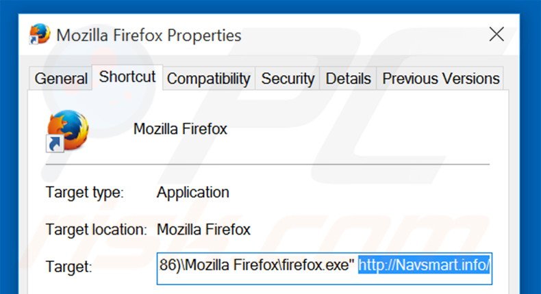 Removing navsmart.info from Mozilla Firefox shortcut target step 2