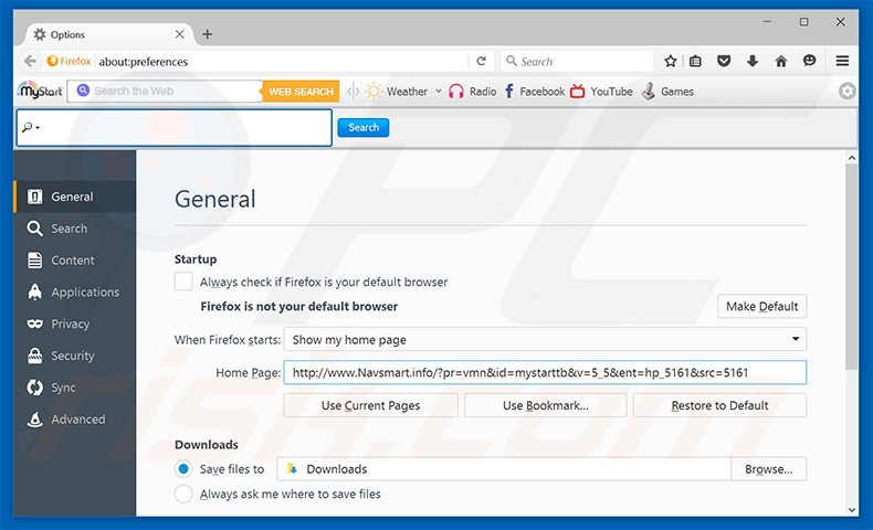 Removing navsmart.info from Mozilla Firefox homepage