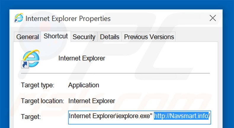 Removing navsmart.info from Internet Explorer shortcut target step 2