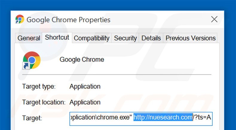 Removing nuesearch.com from Google Chrome shortcut target step 2
