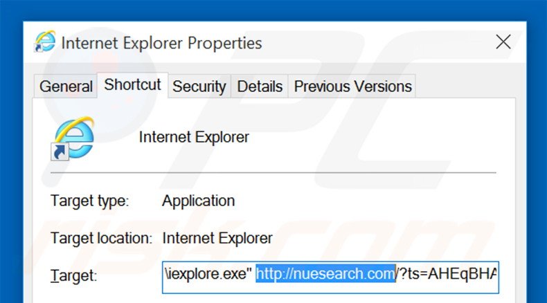 Removing nuesearch.com from Internet Explorer shortcut target step 2
